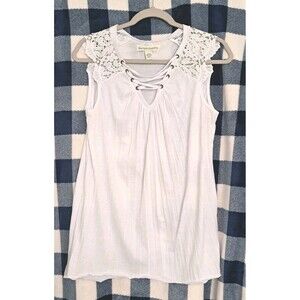 New York Laundry Lace Trim Sleeveless Blouse L White V-Neck Boho Top